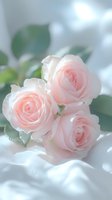 Delicate pale pink roses with soft petals arranged on white fabric, creating a romantic and ethereal atmosphere for wedding or celebration designs.