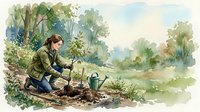 Young Caucasian woman planting a tree in a lush green garden, watercolor illustration with soft natural tones, ecology and environment concept.