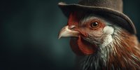 Stylish rooster wearing vintage hat portrait with dramatic lighting and blurred background for creative farm animal concept and agricultural marketing materials.