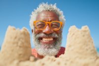 Cheerful senior African American man with white beard and orange glasses smiling between sandcastles on sunny beach, expressing joy and playful summer mood.