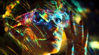 Futuristic virtual reality experience with colorful light trails and digital projections illuminating a person's face wearing VR headset in dark environment.