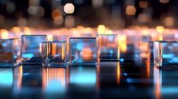 Transparent glass cubes arranged in rows with glowing blue and orange bokeh lights creating reflections on glossy surface, modern abstract composition.