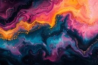 Abstract fluid art with swirling pink, orange, and deep blue colors mixed with gold particles creating cosmic-like patterns on dark background. Luxury marble effect.