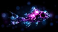 Luminescent fish with glowing neon effect swimming in dark water, featuring pink and blue light trails creating ethereal underwater atmosphere. Digital art for creative projects.
