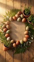 Natural Easter eggs arranged in circle with fresh herbs and ferns on rustic wooden background with burlap texture for spring holiday decorating.