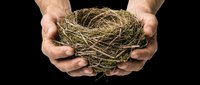 Hands holding empty bird nest made of dried straw and twigs, isolated on transparent background. Ready for design use on t-shirts, clipart, stickers, print-on-demand products, and sublimation projects.