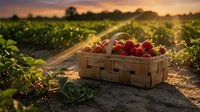 Fresh ripe strawberries in wooden crate at sunset on farm field. Organic berry harvest agriculture concept for healthy eating and farming business.
