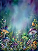 Enchanted forest floor with glowing mushrooms, magical lights, and mystical atmosphere in vibrant purples, blues, and greens. Fantasy woodland scene for creative projects.