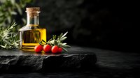 Premium olive oil in glass bottle with cork stopper, fresh rosemary herbs and cherry tomatoes on dark slate stone surface for culinary cooking concepts.