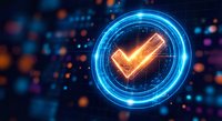 Glowing neon checkmark symbol in futuristic holographic circle on dark digital background with bokeh lights for technology and verification concepts.