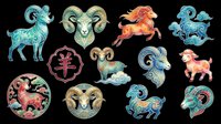 Zodiac animal symbols collection with ram, goat, horse, dog, monkey, rooster, pig, and snake signs isolated on transparent background. Ready for t-shirt design, clipart, stickers, sublimation, and print-on-demand products.