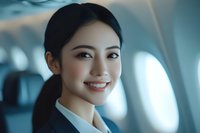Asian female flight attendant with warm smile aboard aircraft, wearing professional uniform and natural makeup, conveying hospitality and service excellence.