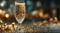Elegant champagne flute filled with sparkling wine against blurred golden bokeh lights background for celebration and luxury dining occasions.