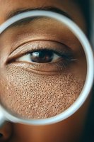 Close-up view through magnifying glass showing dark-skinned female eye with freckles and natural makeup, demonstrating skin texture and beauty details.