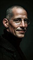Middle-aged Caucasian man with glasses and turtleneck sweater smiling warmly against dark background for professional portrait photography.