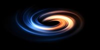 Glowing spiral light effect in orange and blue colors on black background, abstract dynamic swirl motion design for modern tech backgrounds.