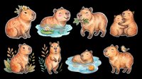 Cute watercolor capybara sticker set isolated on transparent background, ready for T-shirts, clipart, print on demand, stickers, and sublimation designs.