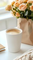 Fresh peach roses in kraft paper bag next to white coffee cup on windowsill with cozy knit texture and soft natural morning light, creating romantic mood.