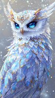 Mystical white owl with glowing blue eyes and ornate feather patterns in winter colors, decorated with magical swirls and sparkles against a snowy background.