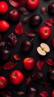 Fresh red and dark purple apples scattered with autumn leaves on black background, one apple cut in half showing flesh and seeds. Dramatic food photography.