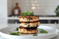 Grilled chicken patties stacked with fresh basil leaves on white plate, golden-brown crust with visible herbs and spices, served in modern kitchen setting.