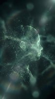 Digital human head silhouette made of glowing green particles and light effects on dark cosmic background for technology and AI concepts.
