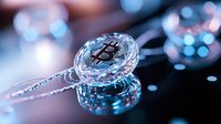 Shiny crystal bitcoin coin with blue bokeh lights and reflective surface, showcasing cryptocurrency concept in modern financial technology setting.