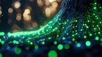 Glowing green and gold bokeh lights create magical atmosphere with sparkling particles and luminous wave effect against dark background.