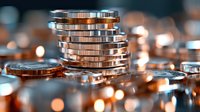 Stack of shiny copper and silver coins with warm bokeh lighting effects creating financial wealth and investment concept for business presentations.