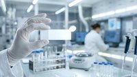 Scientist in white protective gloves holding blank label in modern laboratory with equipment and colleague working in background, suitable for medical research and healthcare industry projects.