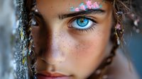 Close up portrait of young woman with bright blue eyes, freckles and delicate pink flowers in dark hair against blurred background. Artistic beauty photography.
