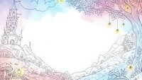 Fairy tale landscape frame with castle, tree, mountains and magical elements in pastel rainbow colors on white background for storytelling designs.