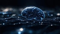 Glowing digital brain visualization on dark background with network connections and light particles illustrates artificial intelligence and neural networks.