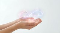 Open hands presenting holographic cloud computing icons with data storage and connectivity symbols floating above palms on white background.