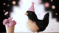 Black and peach colored bird wearing pink party hat near potted pink flowers against bokeh background, whimsical celebration style art for greeting cards and party designs.