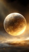 Glowing golden sphere floating above misty horizon with sparkling particles and ethereal light effects, creating mystical celestial atmosphere for fantasy designs.