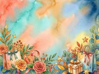 Watercolor floral border with roses, gift boxes, and stars on soft gradient background. Suitable for greeting cards, invitations, and festive designs.