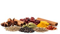 Colorful array of aromatic spices and herbs including cinnamon sticks, star anise, cardamom, turmeric, chili flakes and various seeds on white background.