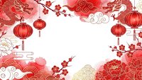 Chinese New Year festive frame with red dragons, lanterns, cherry blossoms and traditional clouds on white background for holiday greeting cards and decorations.