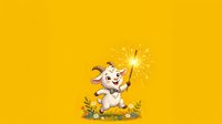Cheerful cartoon cow holding a sparkler on bright yellow background, suitable for children's illustrations, greeting cards, and festive celebrations.