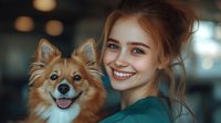 Young Caucasian woman with brown hair in green sweater smiling next to happy Pomeranian dog with fluffy ginger fur against blurred bokeh background.