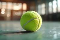 Bright yellow-green tennis ball on court surface with soft bokeh background and natural lighting, close-up macro sports photography composition.