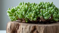 Vibrant green succulent plant with plump, finger-like leaves growing in soil on wooden stump against neutral background.