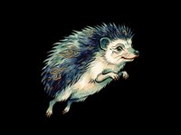 Illustrated hedgehog with spiky quills in shades of blue, gold, and cream, isolated on transparent background. Ready for t-shirts, stickers, clipart, and print-on-demand designs.