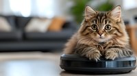 Fluffy long-haired tabby cat with big green eyes lying on robotic vacuum cleaner in modern living room, looking directly at camera with curious expression.