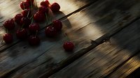 Fresh ripe red cherries scattered on rustic wooden boards with dramatic lighting and shadows creating moody atmospheric composition.