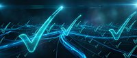 Glowing blue digital checkmarks flowing across dark technological background with electric energy effects and circuit patterns for business success concepts.