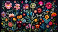 Vibrant folk art style floral pattern with colorful wildflowers and leaves on dark background, perfect for fabric design, wallpaper, and decorative projects. Digital botanical illustration.
