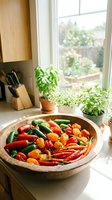 Fresh colorful chili peppers and vegetables in wooden bowl on kitchen windowsill with herb plants for cooking and culinary preparation.
