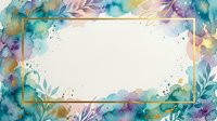 Watercolor floral frame with teal, purple, and gold botanical elements and splashes on cream background, suitable for invitations and design projects.